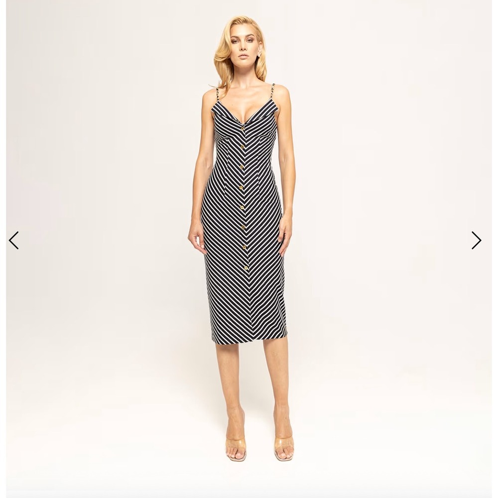 Nissa Midi Dress Back open Striped Midi Dress Navyโ White Gold NWT Size